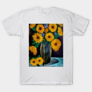 sunflowers in a metallic blue and gold vase T-Shirt